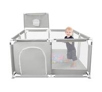 Parc Bébé,d'Activité pour Enfants avec Base,Modulable,Pliable,Grand parc pour enfant en bas âge Avec Porte Zippée,Basketball Rack,Avec 4 Ventouses avec Grille de Protection-126*126*66cm--Gris clair