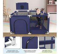 Parc bébé de haute qualité 126 x 126 x 66 cm avec 50 petites balles et 4 ventouses (coin exclu), bleu marine.