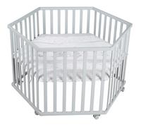 Parc bébé évolutif hegaxonal - ROBA - STERNENZAUBER - Housse rembourrée - Motif Éléphants - 6 Roues freinées - Bois Laqué Gris