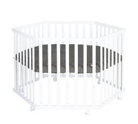 roba Parc hexagonal en bois blanc - parc pour bébé mobile avec roulettes et tour de protection matelassée “Graphite” en cuir végan - barrière de sécurité réglable en hauteur