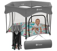 LIONELO Roel Plus - Parc Enfants jusqu'à 15 kg, 6 à 36 mois - 134 x 74 x 67 cm - Entrée Latérale à Fermeture Éclair, Côtés en Filet Aéré, Sac de Transport, Sécurité LockGuard