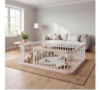 Parc bébé modulaire 140x200 cm blanc, espace entre barreaux 7 cm conforme, bords arrondis, barrière de sécurité intérieure