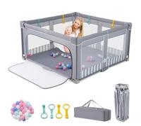 Parc Bébé Pliable 150x150 cm COSTWAY-Tissue Oxford sans BPA-Portail Zippé-50 Balle de Mer-4 Anneaux de Levée-Sac de Transport-Gris