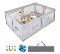 Parc Bébé Pliable COSTWAY-206×147×68,5cm-50 Balles Océaniques-2 Porte à Glissière-4 Anneaux-2 Rangements-Motif de l'Ours Pingouin