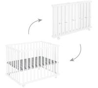 roba Parc Bébé Pliable en Bois 74 x 100 cm + Tapis de Parc Little Stars toilé Gris - Évolutif et Peu Encombrant - Hauteur Ajustable 2 Fois - 4 Roulettes à Freins - Laqué Blanc