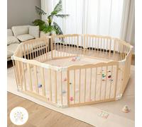 Parc de jeu en bois naturel pour bébés et tout-petits - Enclos de jeu portable pour enfants - Clôture en bois extra large avec ventouses (connecteur pliable)