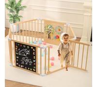Parc en bois pour bébé avec porte, clôture de jeu amovible et extensible pour tout-petits, parc en bois avec craie, tableau blanc et jeux d'activités Montessori (6 panneaux, 158,8 x 142,2 x 66 cm)