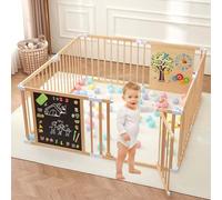Parc en bois tout-en-un pour bébé avec porte, clôture de jeu réglable en bois avec tableau noir magnétique double face, tableau blanc et jouets d'activités Montessori, centre d'activités extensible