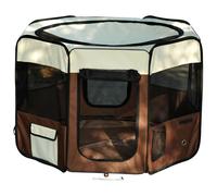 Parc Enclos Pliable Chien Chat Ø 117 X 76h Cm - 2 Portes, 2 Poches, Sac Transport - Acier Oxford Marron Beige