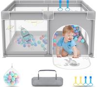 Parc NAIZY Baby 127x127cmParc pour bébé avec 50 balles Ocean & 4 anneaux de traction & sac de transport, Tente de parc pliable avec filet respirant pour enfants, Gris avec motifs d'astronautes