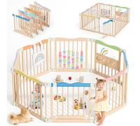 Parc pliable en bois - Cour de jeu réglable en bois pour bébé avec serrure de sécurité pour enfants, grande clôture de sécurité intérieure pour bébés et tout-petits - Assemblage facile, 8 panneaux