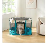 [en.casa] Parc Pliable pour Chiens Chats Chiots Enclos Parc d'Éveil Portable Bonne Circulation d'air Sac de Transport Fibre de Verre Polyester 600D Oxford 70 x 55 x 45 cm Bleu Beige