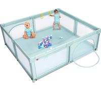 Parc pour bébé COSTWAY 206 x 185,5cm avec 50 balles de jeu, parc avec filet respirant et fermeture éclair, parc d'éveil avec 2 portes, tente de parc pour nourrissons et jeunes enfants (Bleu)