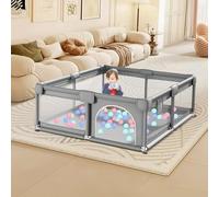 Parc pour bébé de qualité supérieure avec côtés en maille, cadre en acier inoxydable, base antidérapante, 50 balles colorées, anneau à balles et anneaux de traction inclus, gris (1,2 x 1,6 m)