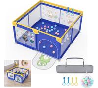 Parc pour bébé LARS360 127 x 127 cm, Bleu avec motifs d'animaux, aire de jeux avec base antidérapante, tente de jeu portable et barrière de protection pour bébé