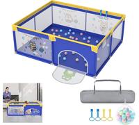 Parc pour bébé LARS360 150 x 180 cm, bleu avec motifs d'animaux, aire de jeux avec base antidérapante, tente de jeu portable et barrière de protection pour bébés