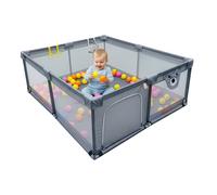 Relaxdays Parc pour bébé 150x150 cm avec 50 balles, 2 Anneaux, Tissu Oxford Gris sécurisé