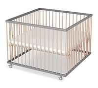 Parc pour bébé Sämann® 100x100 cm avec matelas, testé TÜV 2020, réglable en hauteur en continu, parc pour bébé, hêtre, roulettes caoutchoutées, gris/nature laqué
