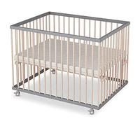 Parc pour bébé Sämann® 75x100 cm avec matelas, testé TÜV 2020, réglable en hauteur en continu, parc pour bébé, hêtre, roulettes caoutchoutées, gris/nature laqué