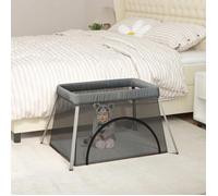 Parc pour bébé - vidaXL - Gris foncé - Tissu de lin - Pliable - Matelas amovible