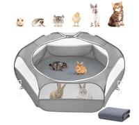 Parc pour Petits Animaux 2-en-1 avec Coussin, Cage pour Petits Animaux Imperméable avec Coussin Réutilisable, Clôture de Cour Extérieure avec 3 Tiges en Métal pour Poussin/Chaton/Chiot, Gris