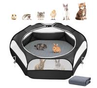 Parc pour Petits Animaux 2-en-1 avec Coussin, Cage pour Petits Animaux Imperméable avec Coussin Réutilisable, Clôture de Cour Extérieure avec 3 Tiges en Métal pour Poussin/Chaton/Chiot, Noir