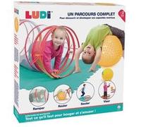LUDI Parcours de motricité avec tunnel de Jeu + 3 arceaux + Grand Ballon à Picots + Petit Ballon Souple + Tapis de Sol 6 Dalles