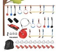 Outsunny Parcours d'obstacles Ninja pour Enfants 30 Accessoires 10 m de Slackline et Sac de Transport Bleu Noir Rouge