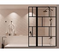 Vente-unique - Pare baignoire noir mat au style industriel avec volet pivotant - 120 x 140 cm - OBELINI
