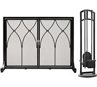 Pare-étincelles carré 2 Portes avec Outils, Grille de cheminée pour feu de Bois, Pare-étincelles en Fer forgé Artisanal, Protection de cheminée, écran + Outils (écran + o