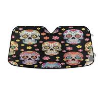 Pare-soleil coloré motif crânes en sucre floral noir, couverture de fenêtre avant pliable, protection thermique pour pare-brise - 145 x 80 cm