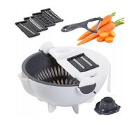 PARENCE - Coupe-légumes multifonction 3 en 1 avec bol passoire - Râpe manuelle avec 5 lames interchangeables, trancheuse légumes et fruits, éplucheur inclus - Blanc