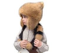 Parents-Enfants Chapeau d'hiver en Fausse Fourrure Chaud Chapka de Raton Laveur avec Queue Mignon Bonnet de Trappeur Coupe-Vent avec Rabats d'oreilles Chapeau de Ski Snowboard Chapeau d'animal Doux