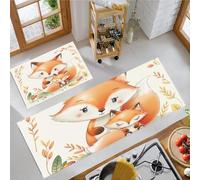 Parents Renards Tapis de Cuisine, Beige Tapis Cuisine Devant Evier Long Antidérapant et Lavable, Aquarelle Dessin Animé Paillasson Lavable Décoratif Salon Couloir - 40x60+40x120cm