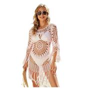 Paréo Bikini Cover Ups Femmes À Manches Longues Crochet Évider Gland Robe De Plage Voir Travers Sexy Beachwear Cover-ups Femme pour Piscine(Pink,S)