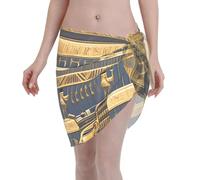Paréo de plage court pour femme - Imprimé fresques pharaoniques égyptiennes d'été - Cache-maillot de bain en mousseline de soie transparente, noir, taille unique
