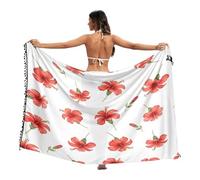 Paréo de plage pour femme avec fleurs d'hibiscus rouge vert et blanc - Large, Fleurs Hibiscus Rouge Vert Blanc, Taille L