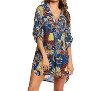 Pareo Plage Mousseline de Soie Robe de Plage pour Femmes V-Cou Bikini Cache-Maillots Chemise Robe Cache Couvrir Beach Maillots de Bain Cover Up Coton Mélangé V-Cou Manche 3/4