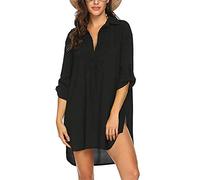 Pareo Plage Mousseline de Soie Robe de Plage pour Femmes V-Cou Bikini Cache-Maillots Chemise Robe Cache Couvrir Beach Maillots de Bain Cover Up Coton Mélangé V-Cou Manche 3/4