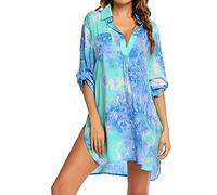 Pareo Plage Mousseline de Soie Robe de Plage pour Femmes V-Cou Bikini Cache-Maillots Chemise Robe Cache Couvrir Beach Maillots de Bain Cover Up Coton Mélangé V-Cou Manche 3/4