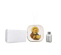 Parfum en simili cuir SACRO PADRE PIO avec détails en or dans une boîte cadeau. Bonbonnière de mariage, baptême, communion, confirmation, remise de diplôme, anniversaires et cadeaux utiles