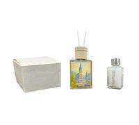 Parfum rectangulaire en verre sanctuaire de lourdes détails en or dans une boîte cadeau. Bonbonnière de mariage, baptême, communion, confirmation, remise de diplôme, anniversaires et cadeaux utiles