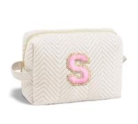 Parima Cadeaux personnalisés pour filles - Trousse de toilette avec initiale, trousse de maquillage de voyage pour femmes et filles, trousse de maquillage à fermeture éclair dorée pour femmes, S