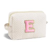 Parima Cadeaux personnalisés pour filles - Trousse de toilette avec initiale, trousse de maquillage de voyage pour femmes et filles, trousse de maquillage à fermeture éclair dorée pour femmes, e