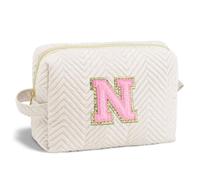 Parima Cadeaux personnalisés pour filles - Trousse de toilette avec initiale, trousse de maquillage de voyage pour femmes et filles, trousse de maquillage à fermeture éclair dorée pour femmes, N