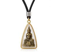 Parintha Pendentif Amulette Bouddha Thaï - Médaillon Triangle en Laiton Plaqué Or avec Bouddha Assis - Talisman Spirituel Porte-Bonheur, Méditation Zen, Collier Cordon 62 cm