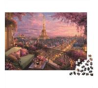 Paris Balcony View Recycled Paper Jigsaw Puzzle: Eiffel Tower at Pink Sunset for Adults 14-99 Years Educational Game Challenge 38x26cm/1000pcs