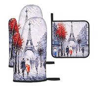 Paris City Tree Tour Eiffel Art Imprimé Mitaines de Four et Maniques 3pcs Ensembles, de Four Résistant à la Chaleur pour la Cuisine
