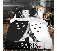 Paris Eiffel Tower Ensemble De Literie Microfibre Résistante 3D Imprimé 3 Pièces 2 Taies Douce Noir Blanc Linge de Lit Ultra Douce Résistante for Enfants Garçons Filles Super king（260x220cm）