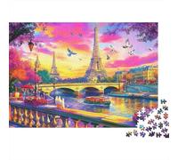 Paris Eiffel Tower View Recycled Board Puzzle: Colorful Sunset Over Eiffel Tower for Adults and Kids Age 12 Years Great Gift 38x26cm/1000pcs